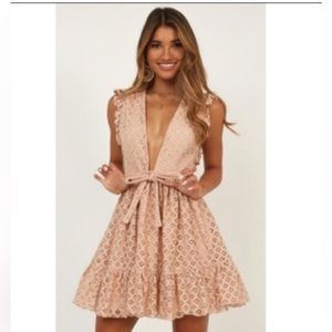 Showpo Only Lovers Left Lace Deep V Dress in Blush Tan Color Size 8